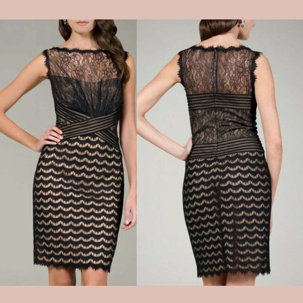 Tadashi‎ Shoji [ 16 ] Luele Lace V neck Mixed Media Sheath Dress Black J2206